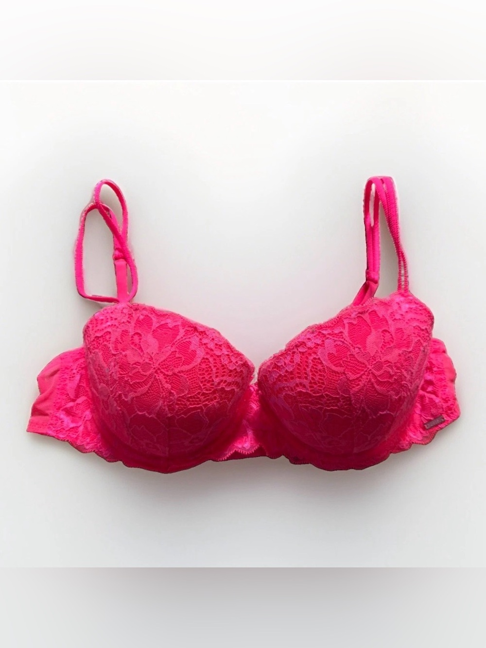 Victoria's Secret Pink Women Bra 36 B Bright Pink Push Up Padded Lace Sheer Back
